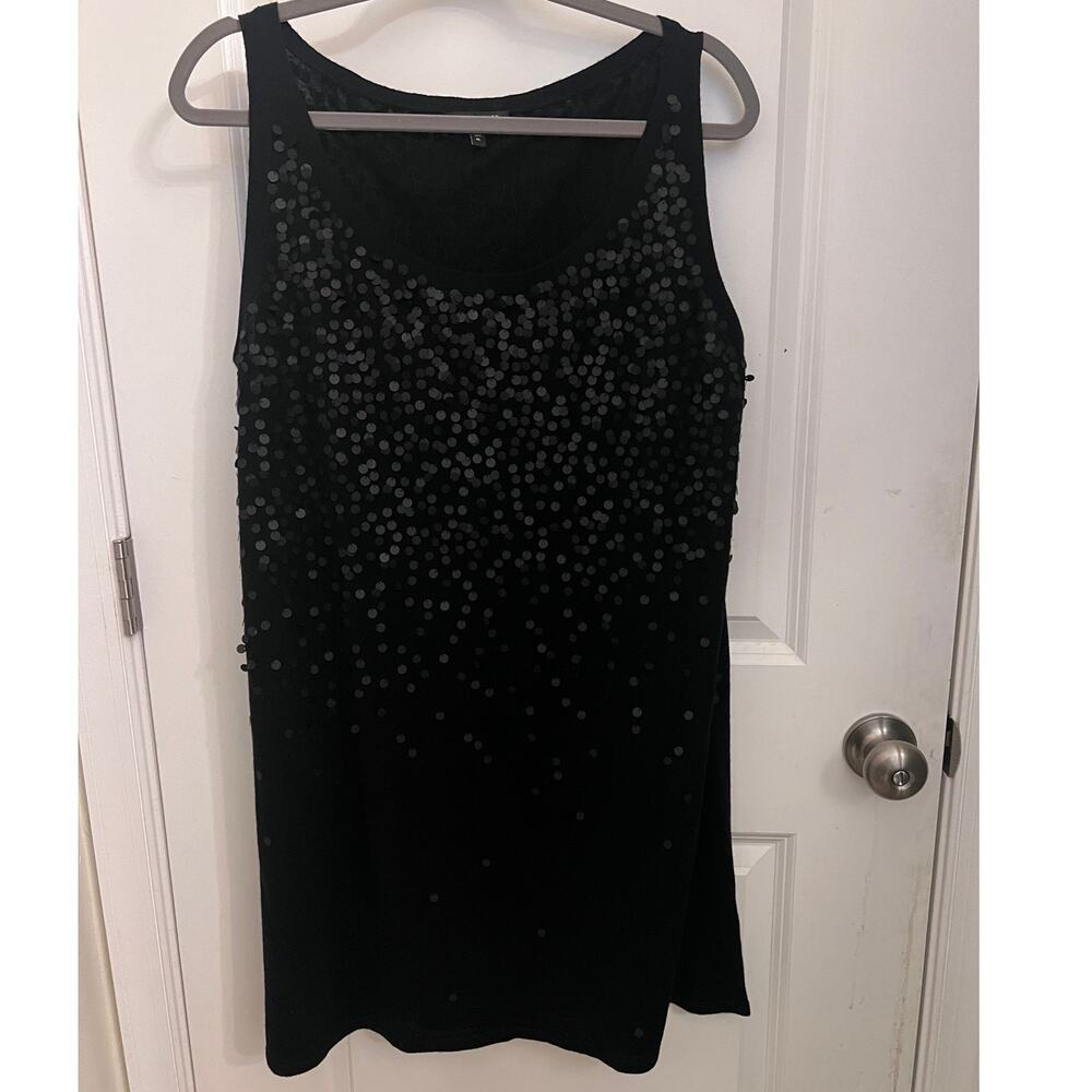 Eileen Fisher Merino Wool Sequined BLACK Tunic Mini Dress XL sleeveless Fairy